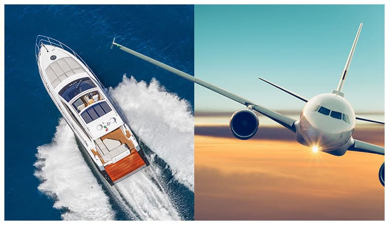 Combined photo of a yacht and jet plane 
